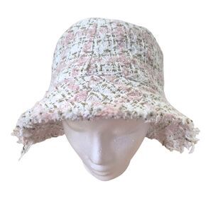 Chic White Pink Tweed Bucket Hat Y2K Coquette Textured Preppy Lined One Size